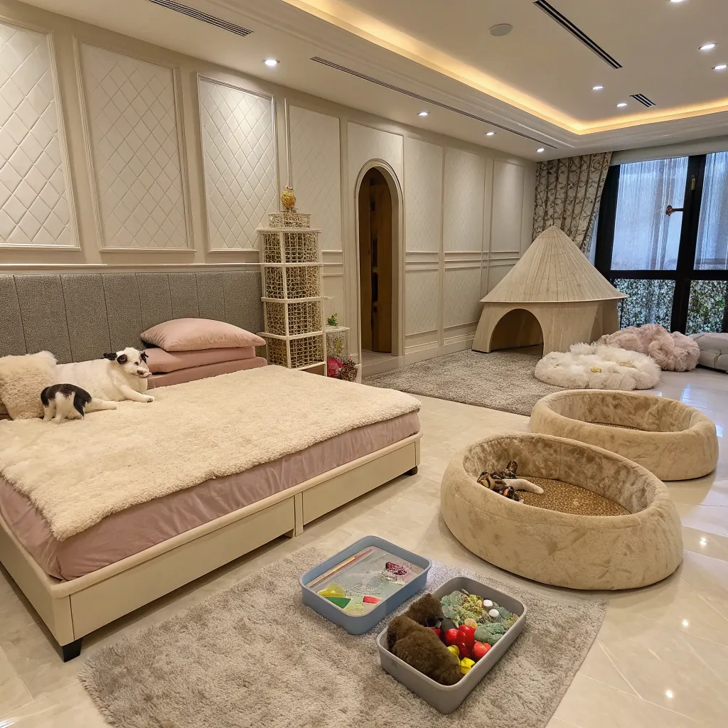 Luxury room for pets with comfortable bedding and play area